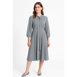 Prodesign Womens Pleated TieNeck Dress  S Blue Long Sleeve Elegant Midi Dress